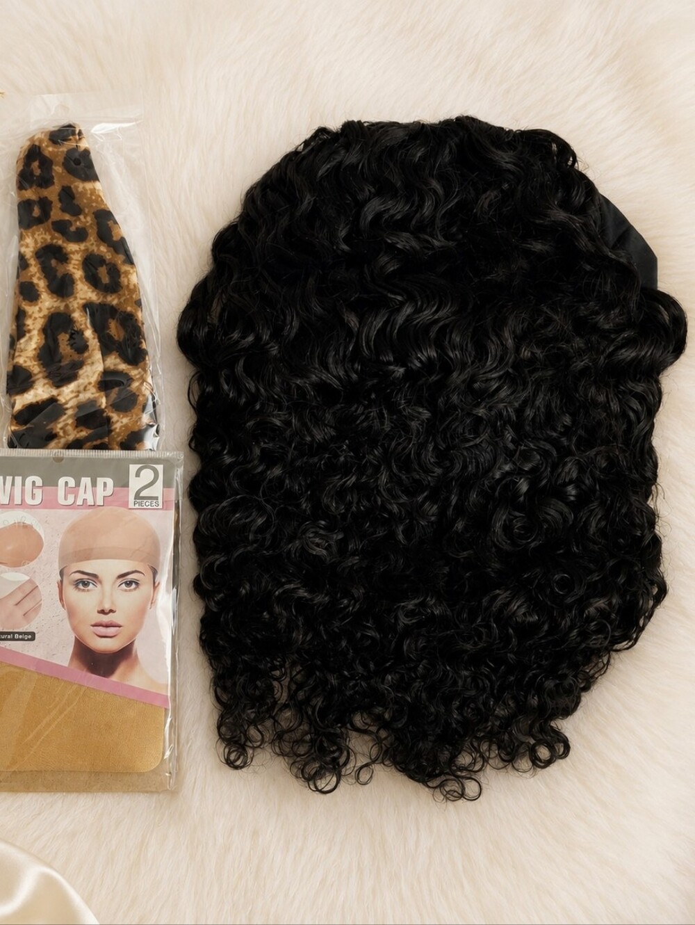 NEW 12” Black Curly Human Hair Wig Glueless Adjustable Cap + Wig Caps